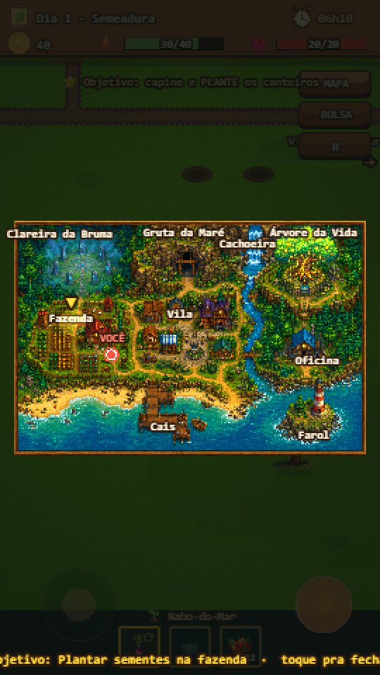 Mapa da enseada com vila, gruta, cachoeira e farol